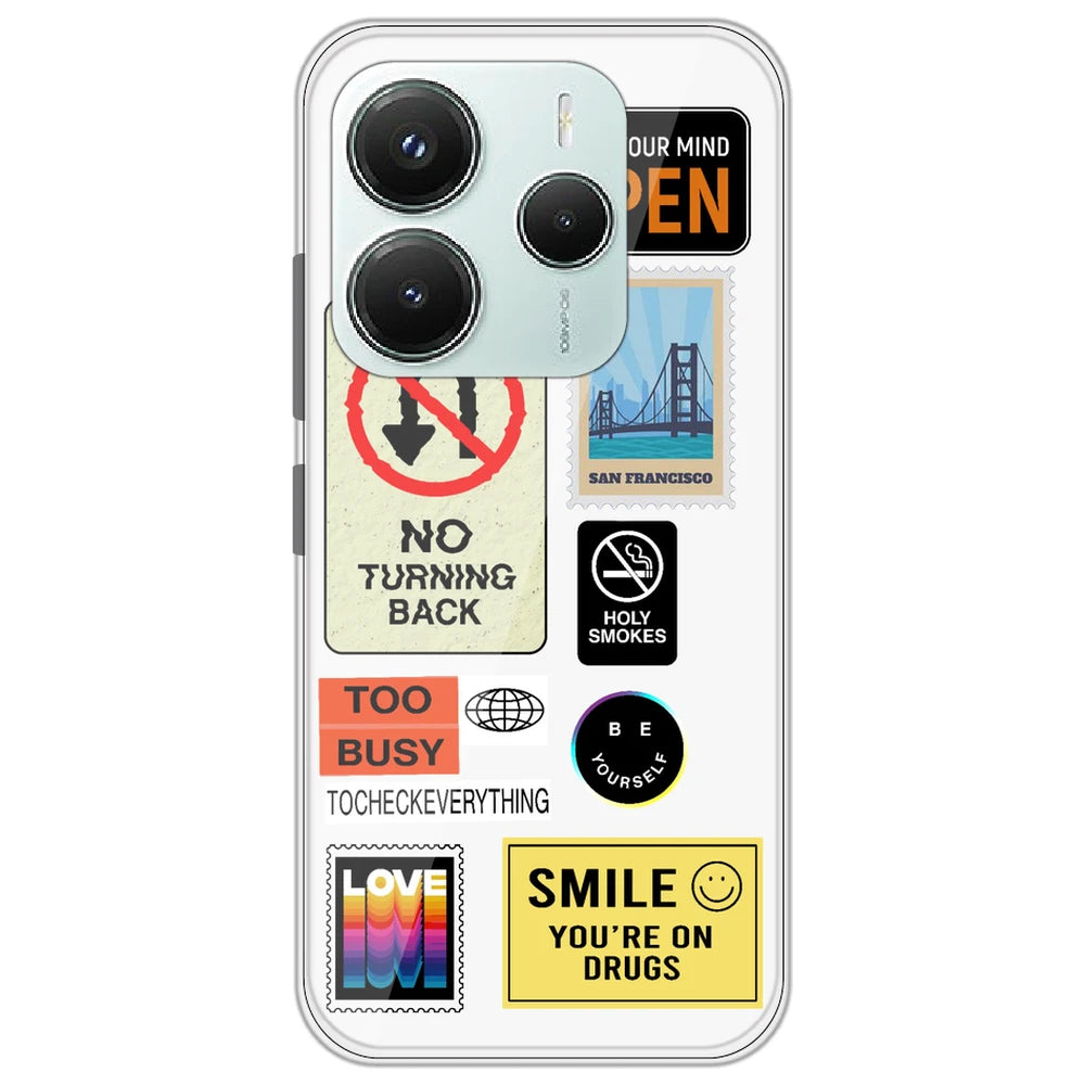 Retro Labels - Clear Printed Silicone Case for Redmi Note 14 5G