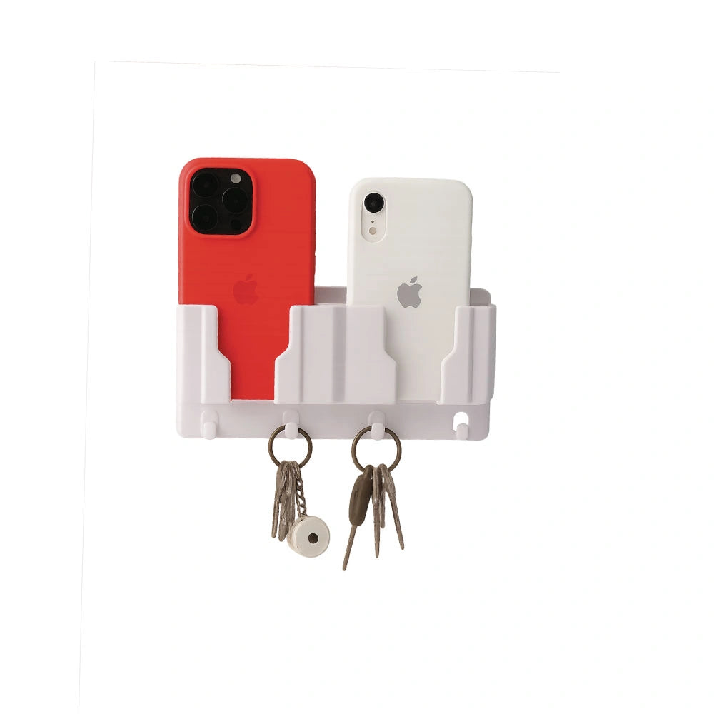 Wall Mounted Mobile Stand and Key Organizer – Dual Phone Holder with Hooks