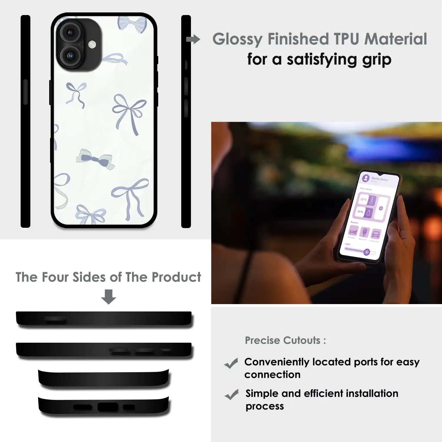 'Blue Bows - Glossy Metal Silicone Case For Apple iPhone Infographic