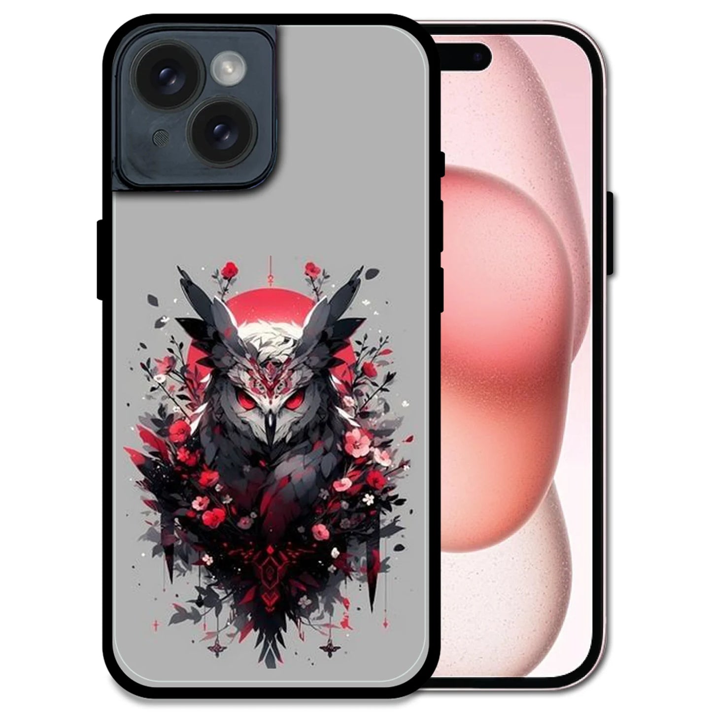 'Crimson Owl Mystique - Glossy Metal Silicone Case For Apple iPhone 15 Plus