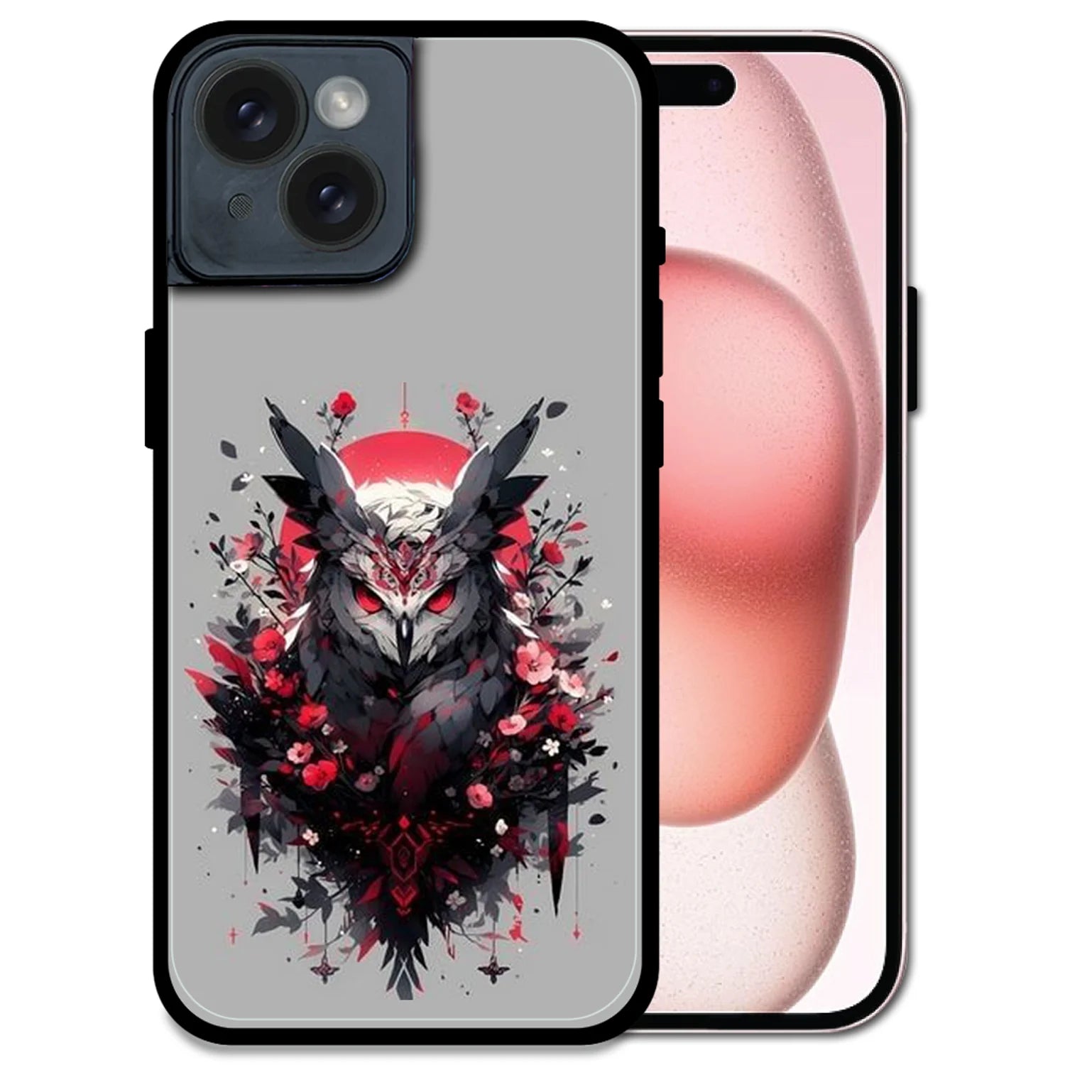 'Crimson Owl Mystique - Glossy Metal Silicone Case For Apple iPhone 15 Plus