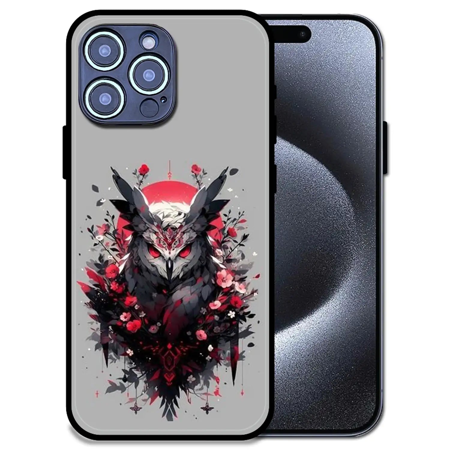 'Crimson Owl Mystique - Glossy Metal Silicone Case For Apple iPhone 15 Pro