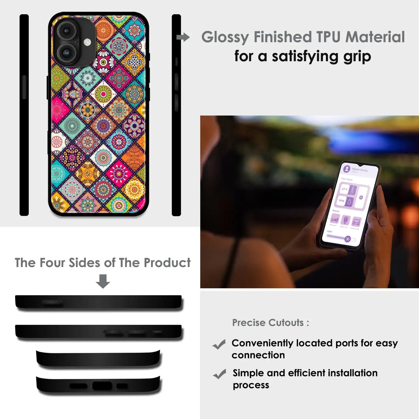 Boho Mosaic Tiles - Glossy Metal Silicone Case For Apple iPhone Infographic
