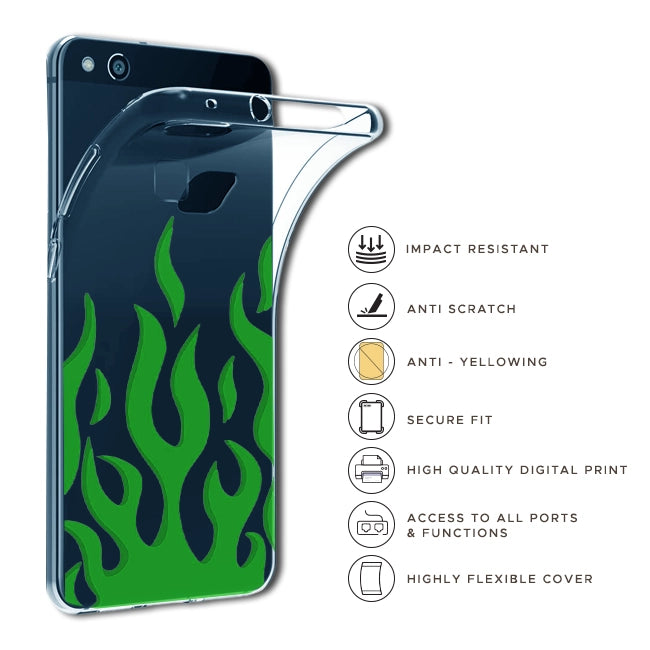 Green Flames - Clear Printed Silicone Case For Samsung Models infographic