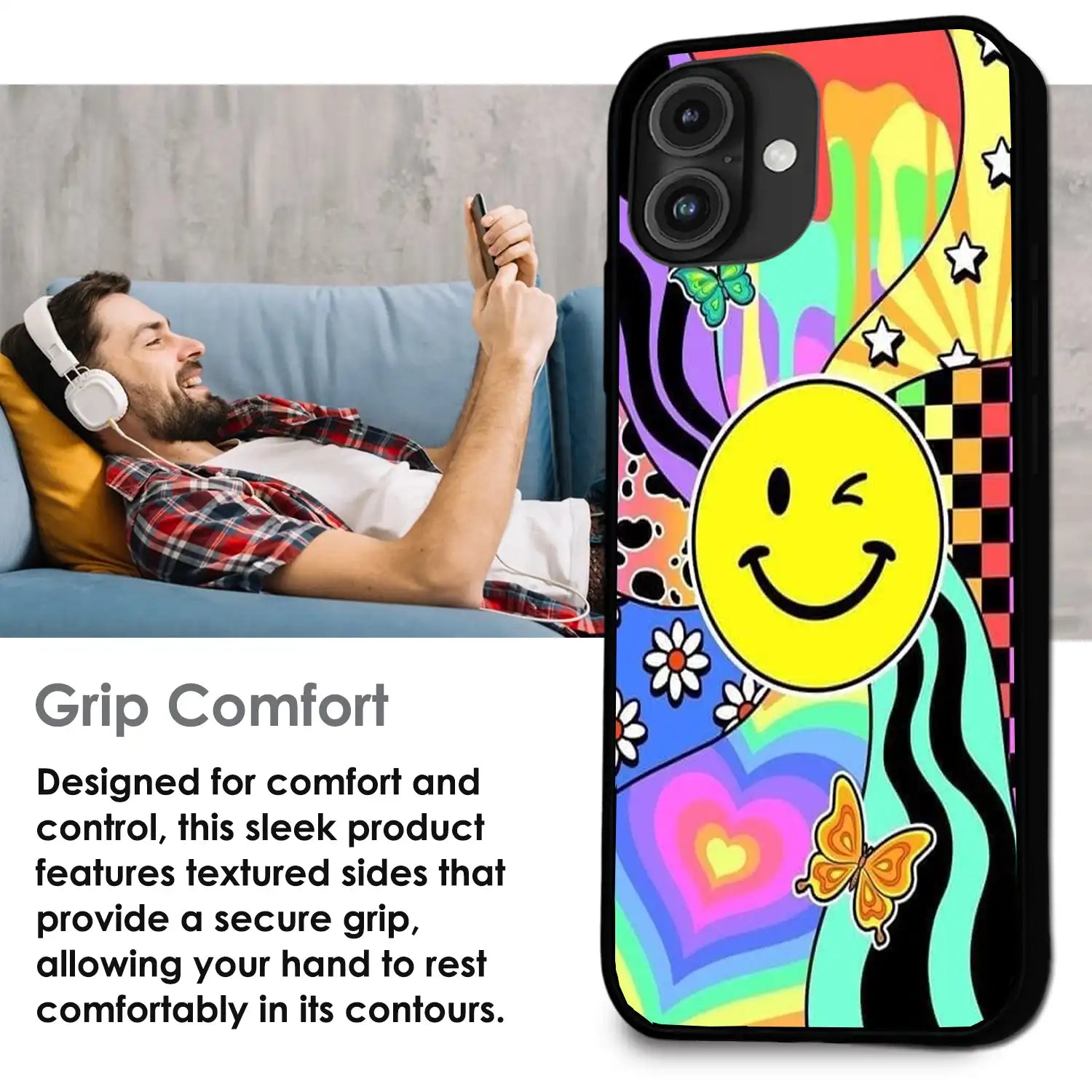 Groovy Smiley Splash - Glossy Metal Silicone Case For Apple iPhone Infographic