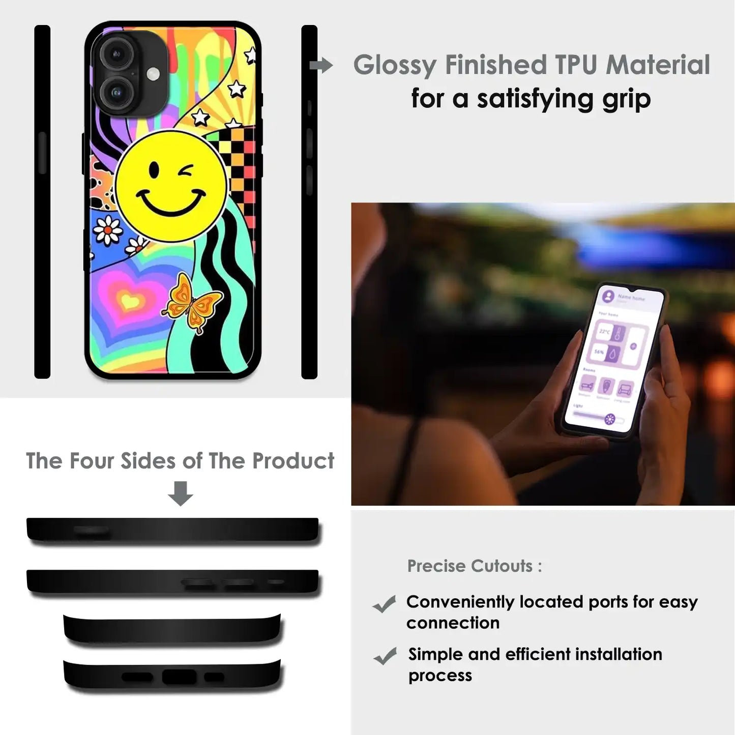 Groovy Smiley Splash - Glossy Metal Silicone Case For Apple iPhone Infographic