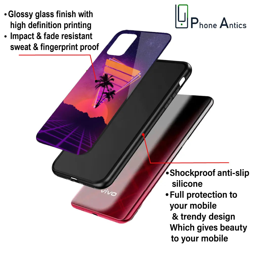 'Sunset Grid Synthwave - Glass Case For Apple iPhone Infographic