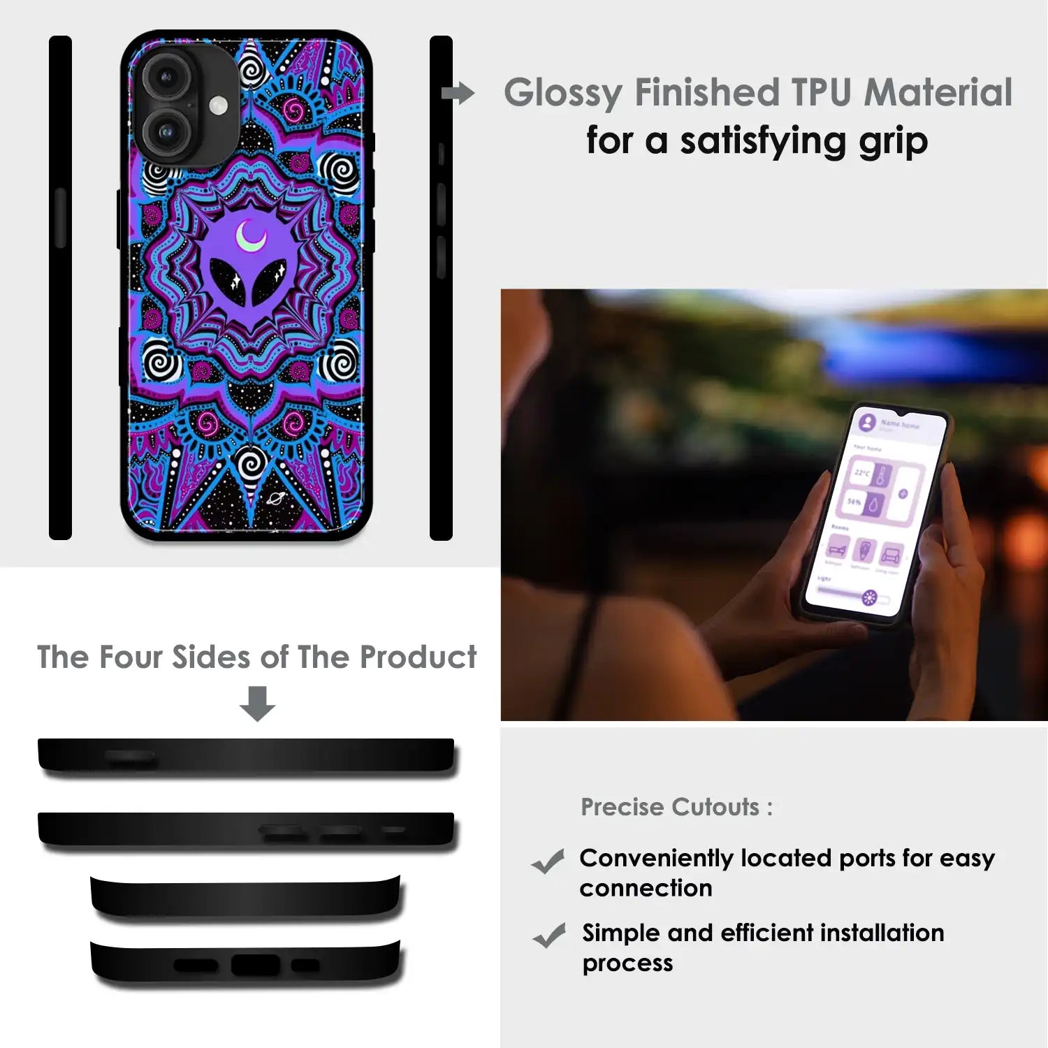 Alien Mandala Design - Glossy Metal Silicone Case For Apple iPhone Infographic