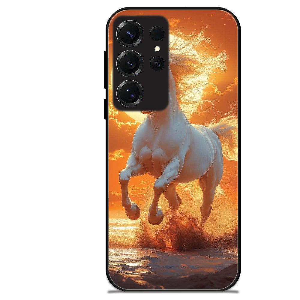 Majestic White Horse Sunset - Glossy Metal Silicone Cases for Samsung Models