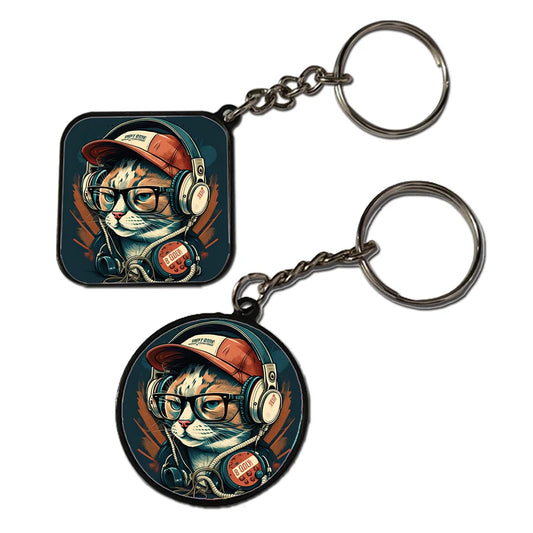 Cat DJ- Keychain With Black Border (Pack Of 2)
