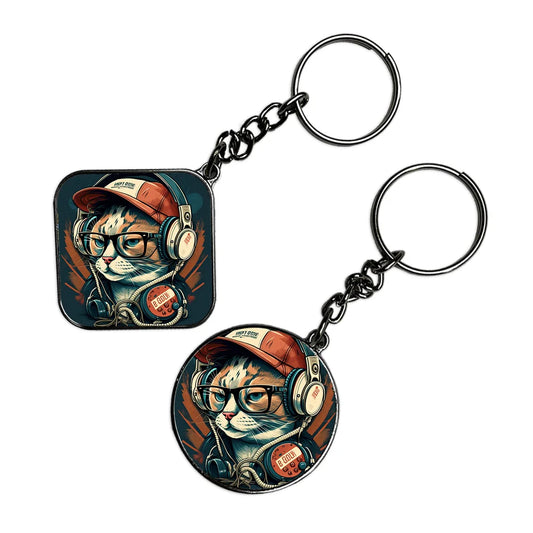 Cat DJ - Keychain With Silver Border (Pack Of 2)