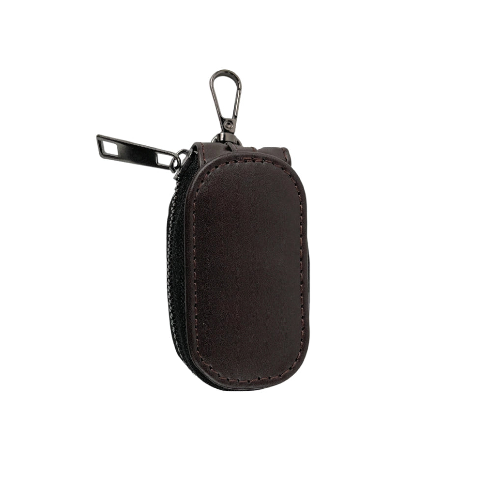Black Leather Zipper Pouch with Keychain Hook for Earphones, Keys & Small Accessories Brown