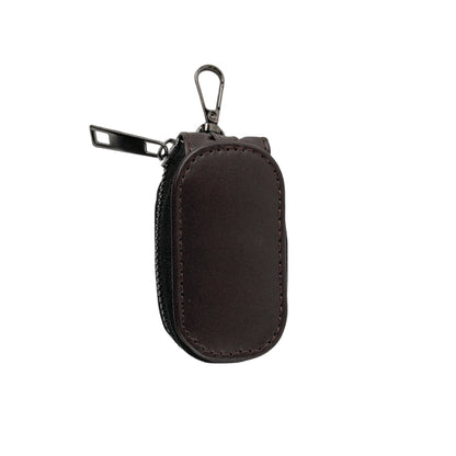 Black Leather Zipper Pouch with Keychain Hook for Earphones, Keys & Small Accessories Brown