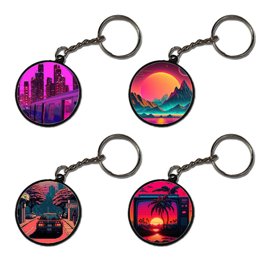 Synthwave City - A Combo Of 4 Black Border Keychains