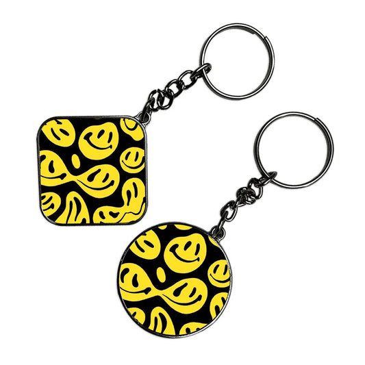 Abstract Yellow Smile Faces on Black - Keychain With Silver Border (Pack Of 2)