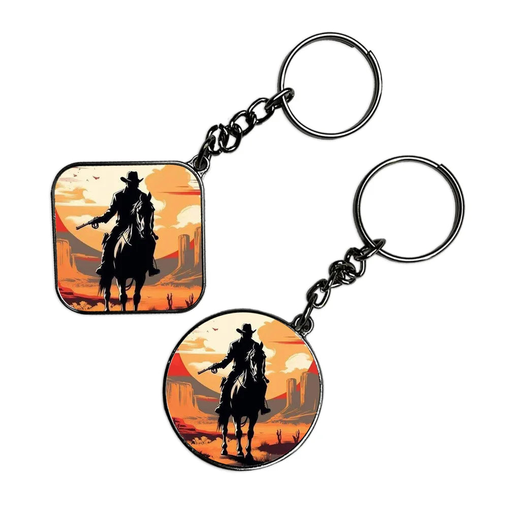 Cowboy and Horse - Keychain With Silver Border (Pack Of 2)