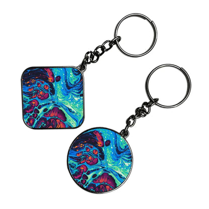 Blue And Orange Swirl - Keychain With Silver Border (Pack Of 2)