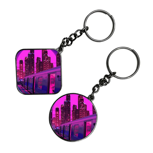 Neon City Snythwave - Keychain With Silver Border (Pack Of 2)