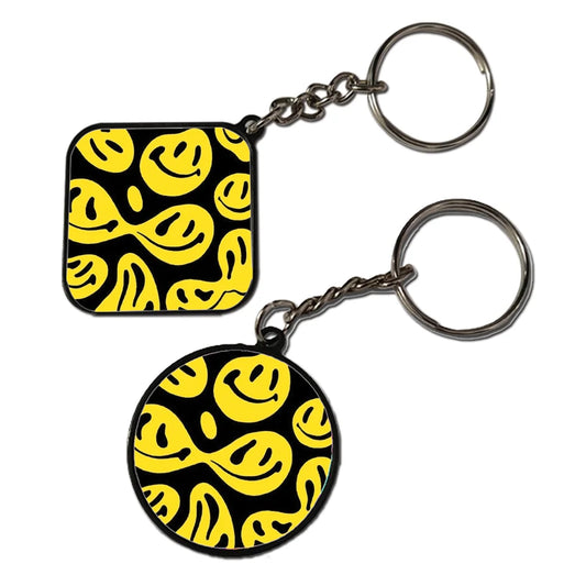 Abstract Yellow Smile Faces on Black - Keychain With Black Border (Pack Of 2)