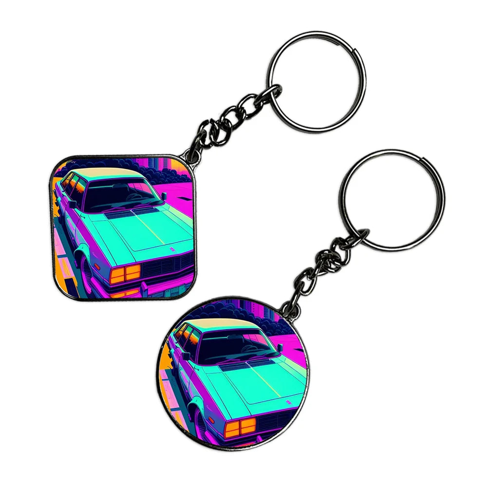 Retro Car - Keychain With Silver Border (Pack Of 2)