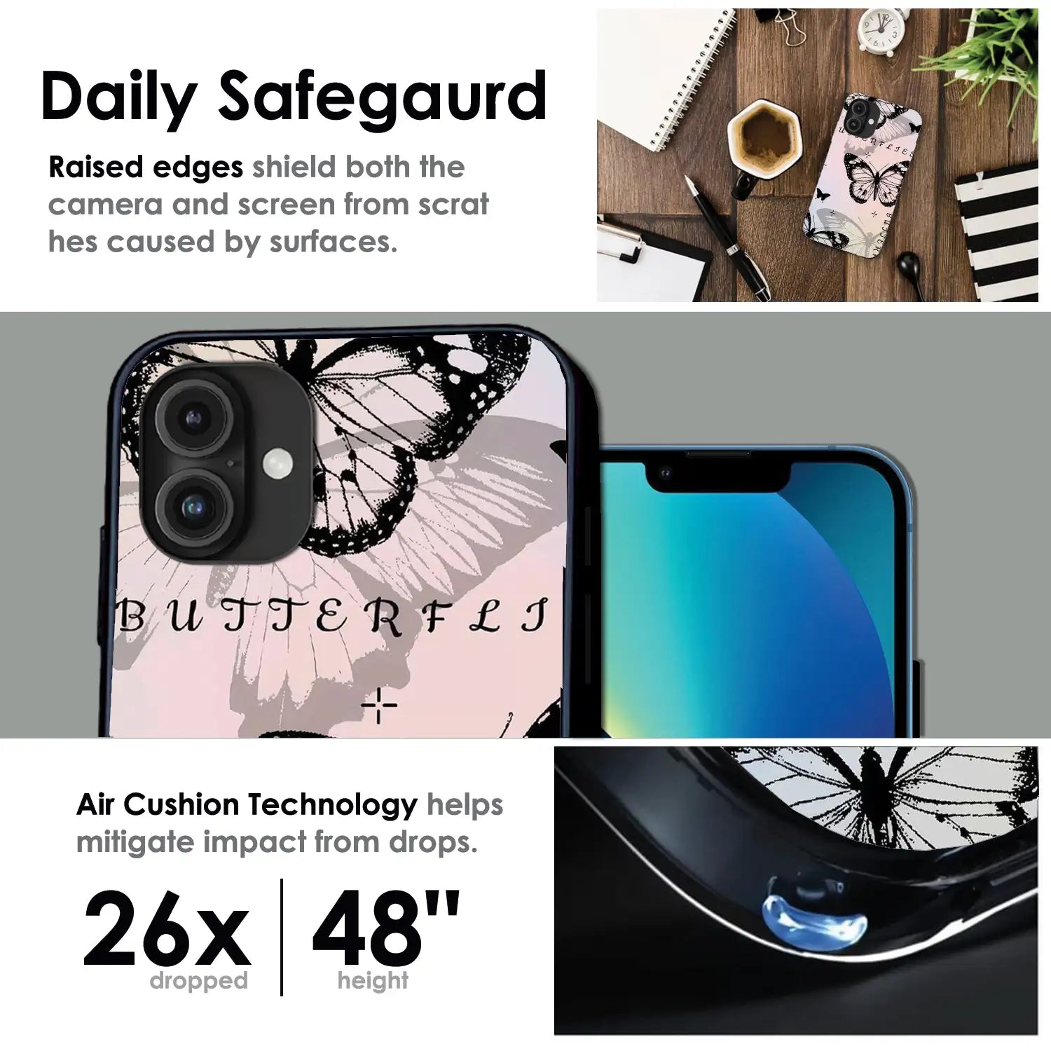 Monochrome Butterfly Art - Glossy Metal Silicone Case For Apple iPhone Infographic