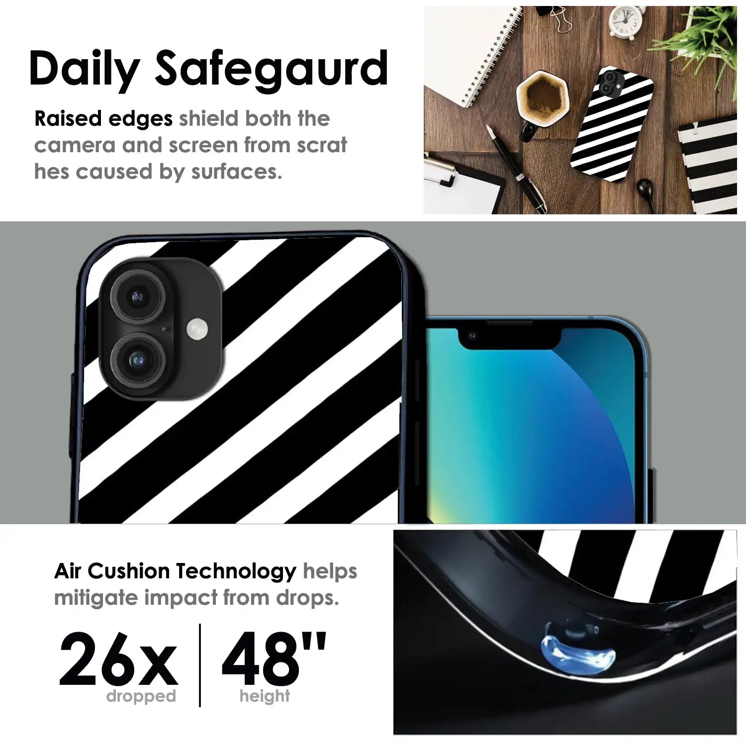 Monochrome Diagonal Stripe - Glossy Metal Silicone Case For Apple iPhone Infographic