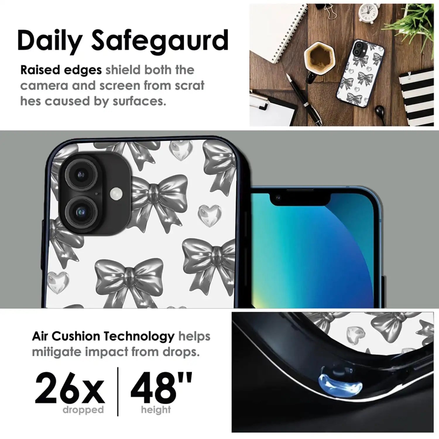 'Black Bows & Hearts - Glossy Metal Silicone Case For Apple iPhone Infographic