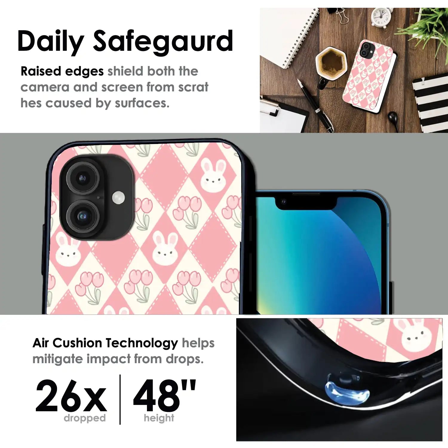 Pink Bunny Argyle - Glossy Metal Silicone Case For Apple iPhone Infographic