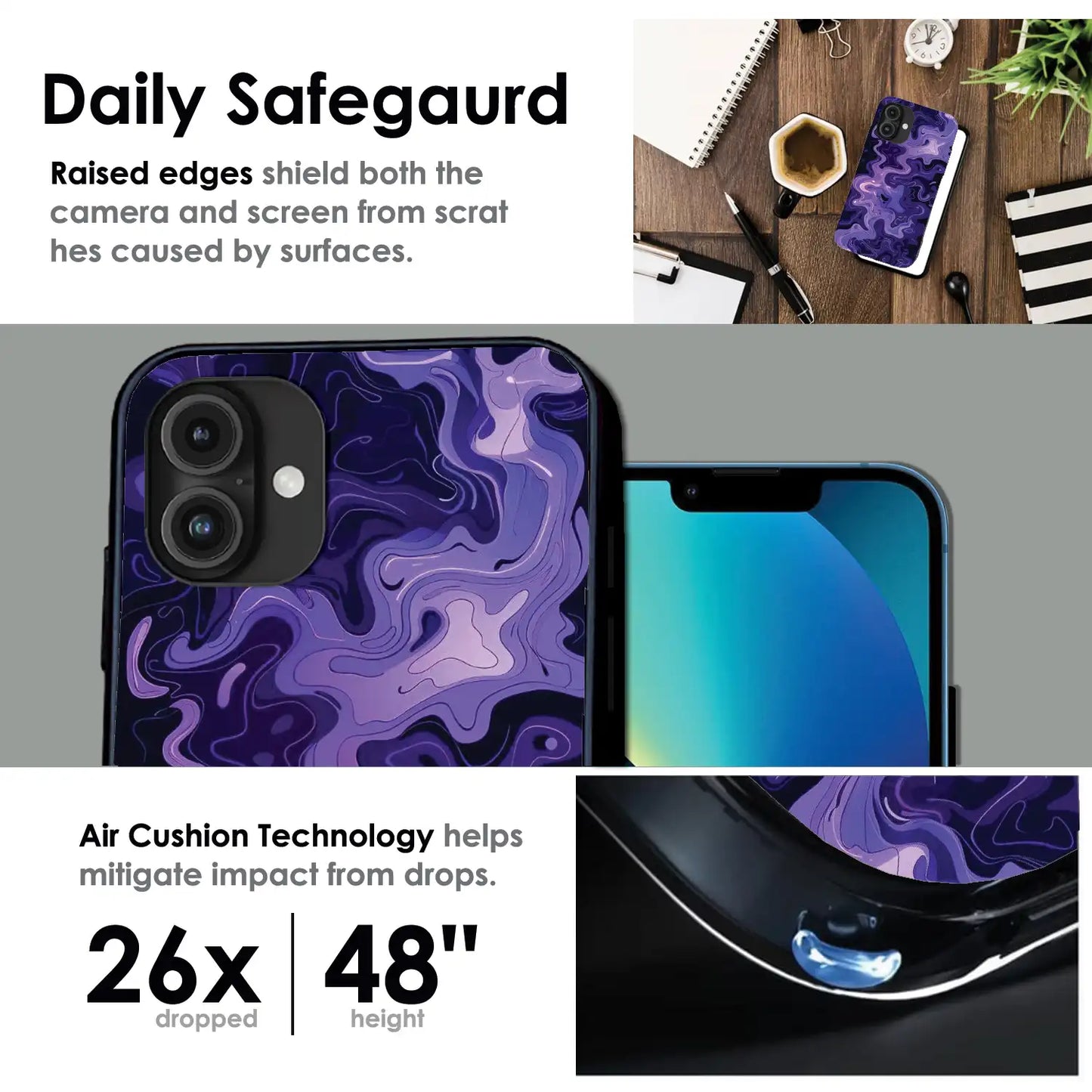 Purple Wave Abstract - Glossy Metal Silicone Case For Apple iPhone Infographic