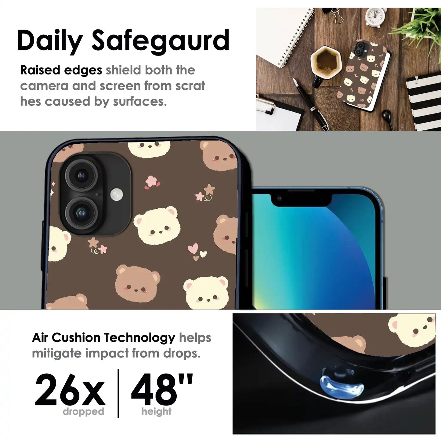 Cozy Bear Pattern - Glossy Metal Silicone Case For Apple iPhone Infographic