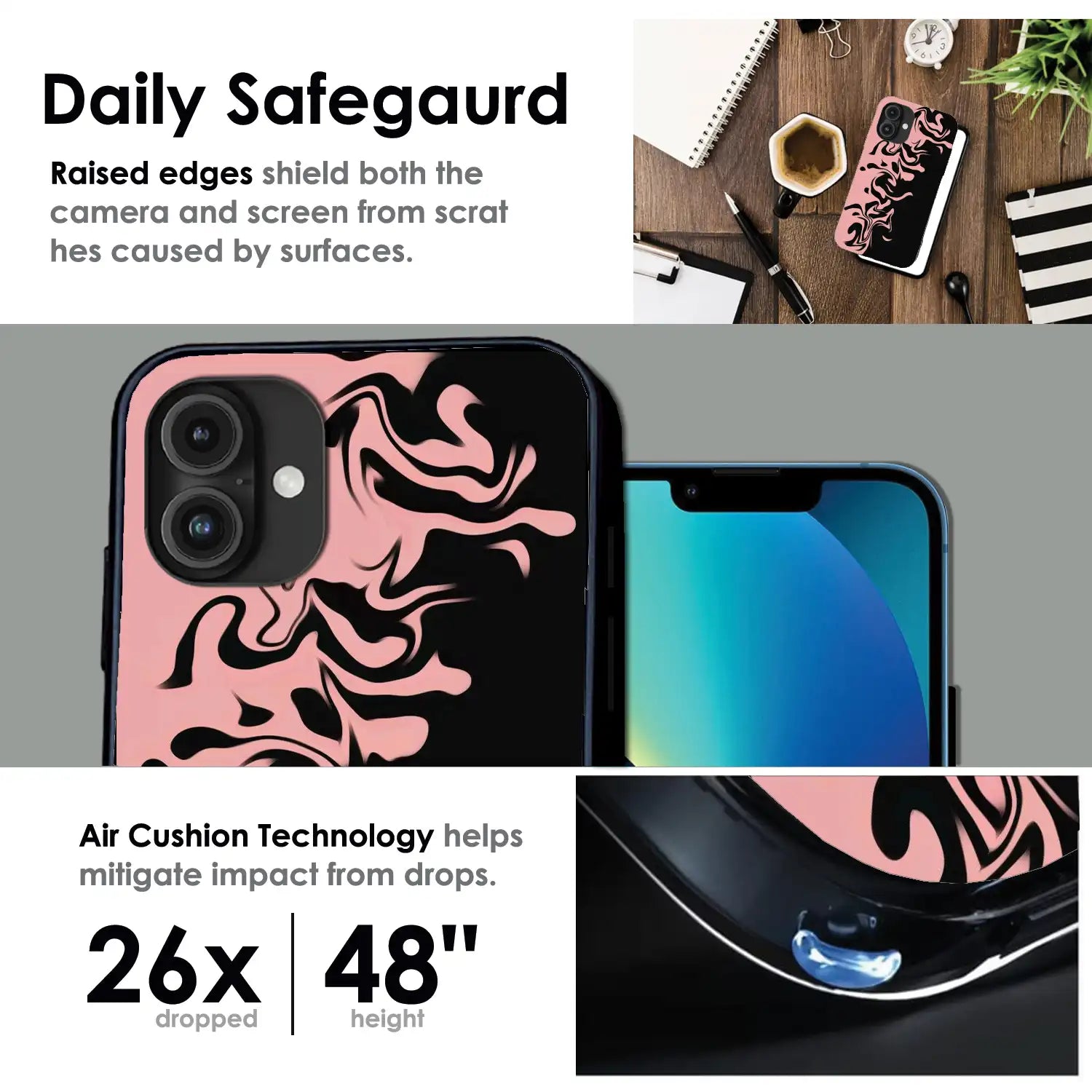 Blush Noir Marble - Glossy Metal Silicone Case For Apple iPhone Infographic