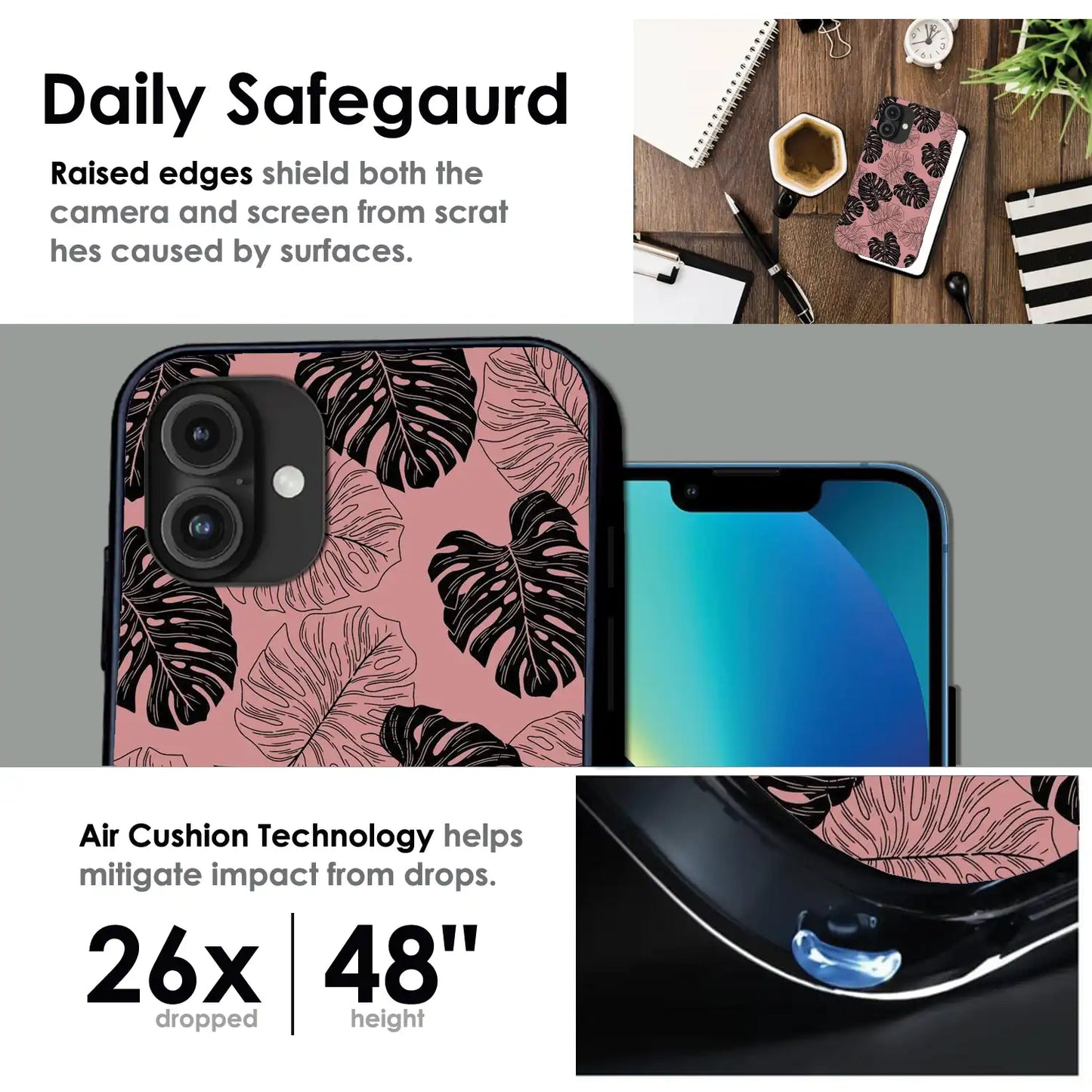 Tropical Monstera Leaf Pattern - Glossy Metal Silicone Case For Apple iPhone Infographic