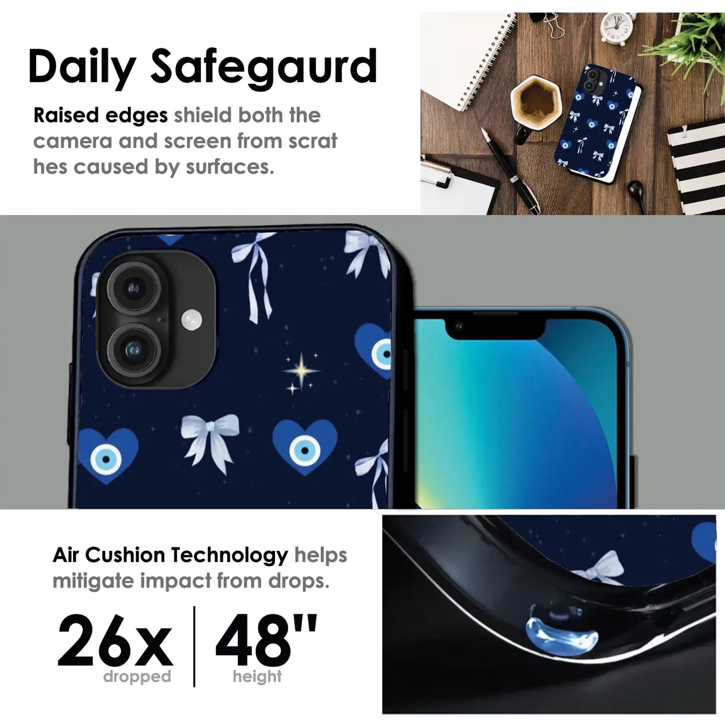 Evil Eye Bow Midnight - Glossy Metal Silicone Case For Apple iPhone Infographic