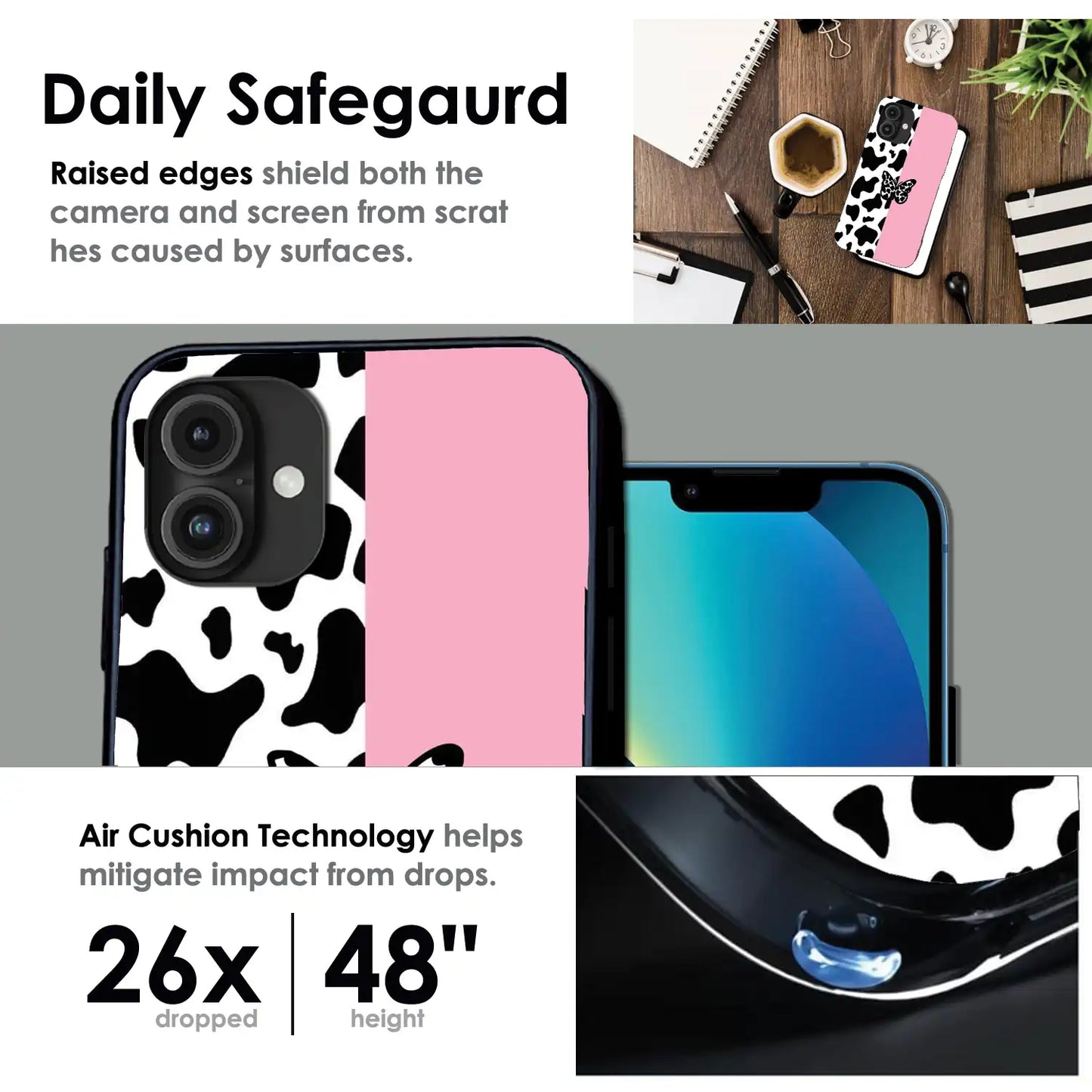 Cow Print Butterfly - Glossy Metal Silicone Case For Apple iPhone Infographic