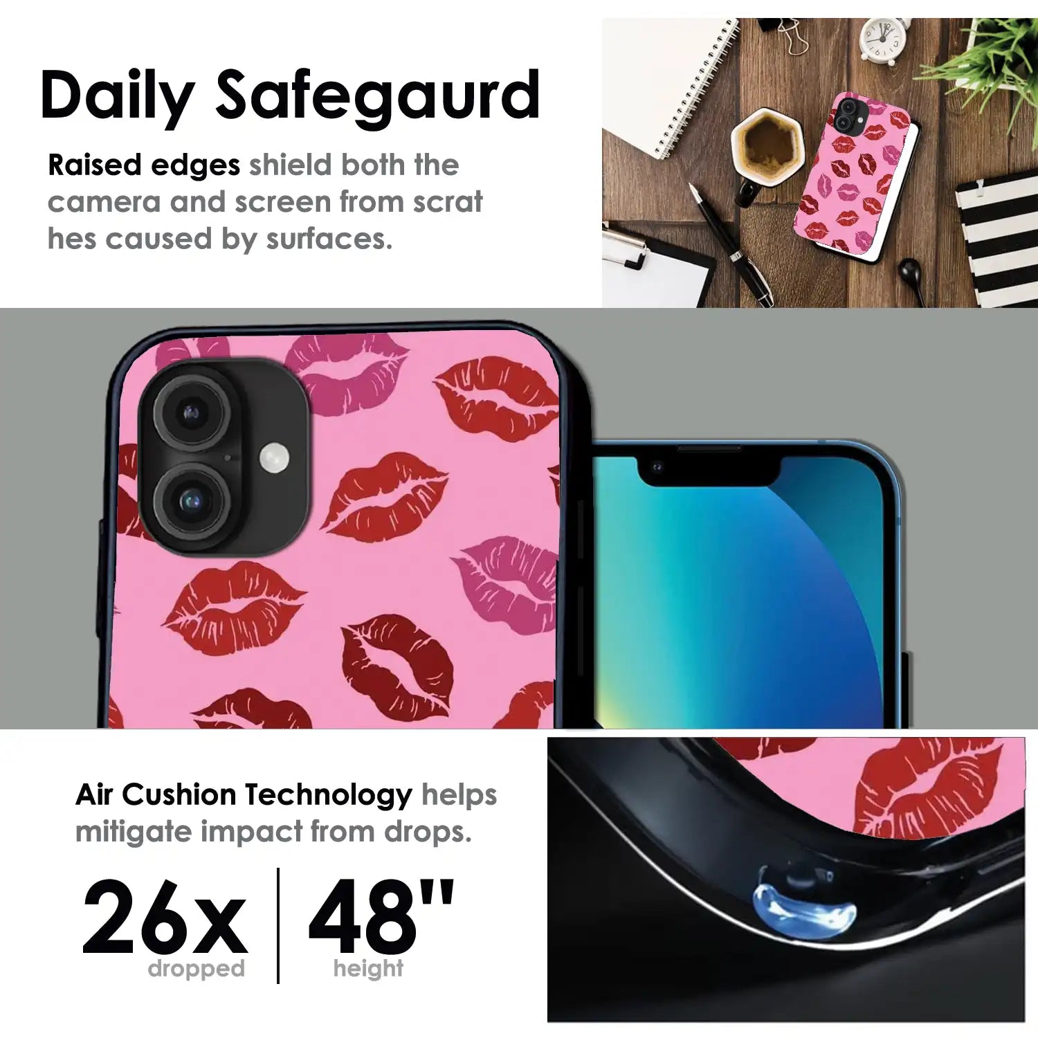 Pink Lips Pop Art Pattern - Glossy Metal Silicone Case For Apple iPhone Infographic