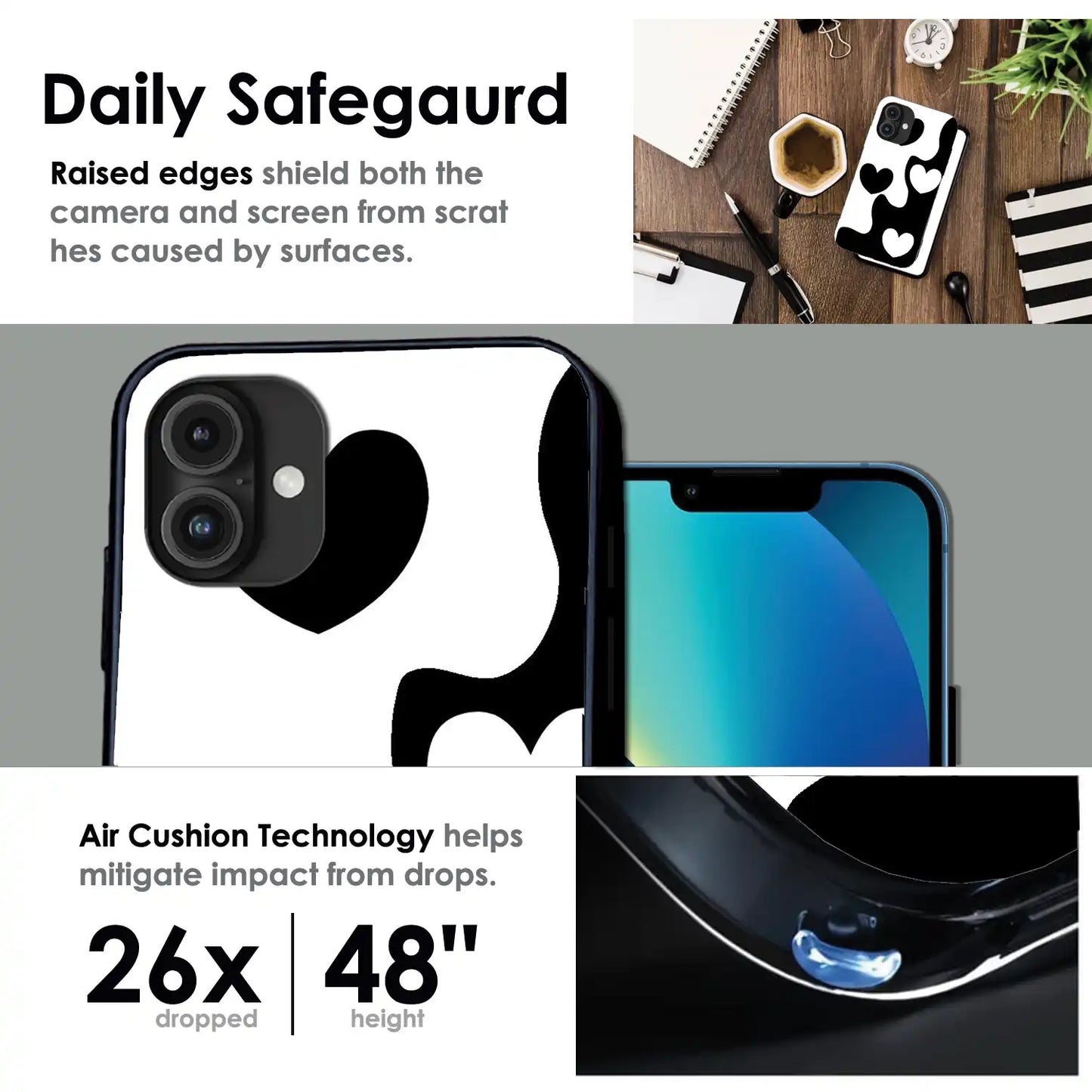Monochrome Heart Flow - Glossy Metal Silicone Case For Apple iPhone Infographic
