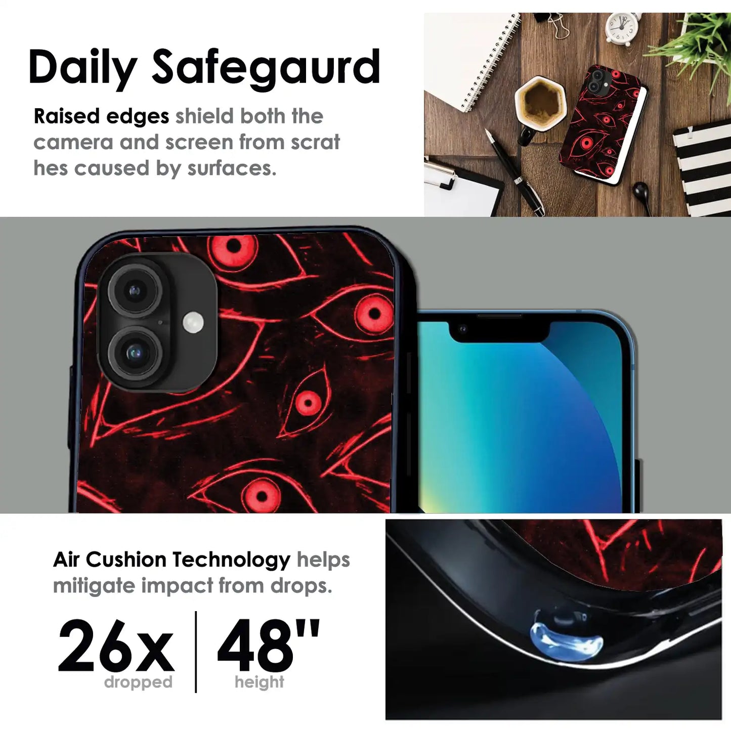 Crimson Eyes Chaos - Glossy Metal Silicone Case For Apple iPhone Infographic