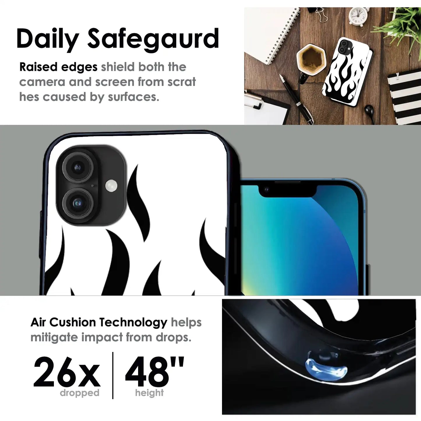 Monochrome Flame Art - Glossy Metal Silicone Case For Apple iPhone Infographic