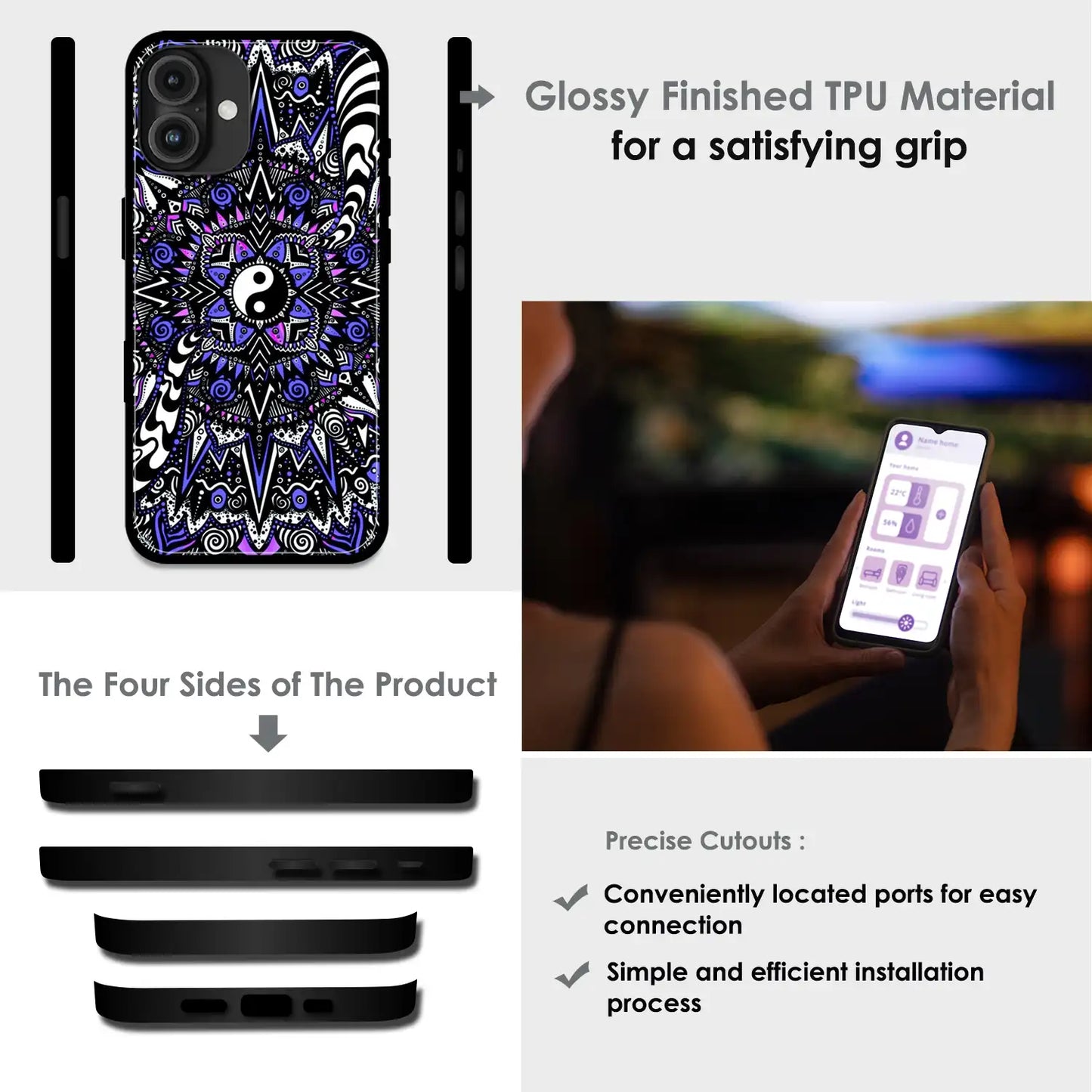 Yin-Yang Mandala Design - Glossy Metal Silicone Case For Apple iPhone Infographic
