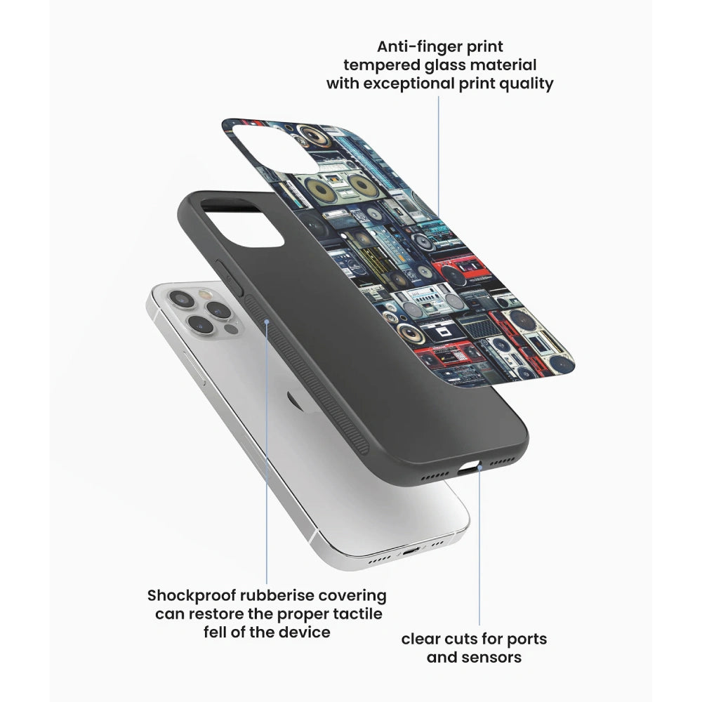 Retro Boombox Music Pattern - Glass Case For Apple iPhone Infographic