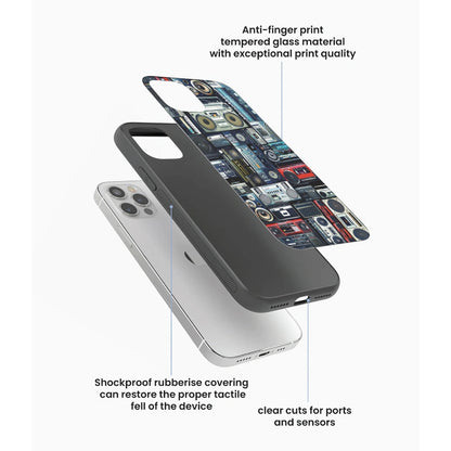 Retro Boombox Music Pattern - Glass Case For Apple iPhone Infographic