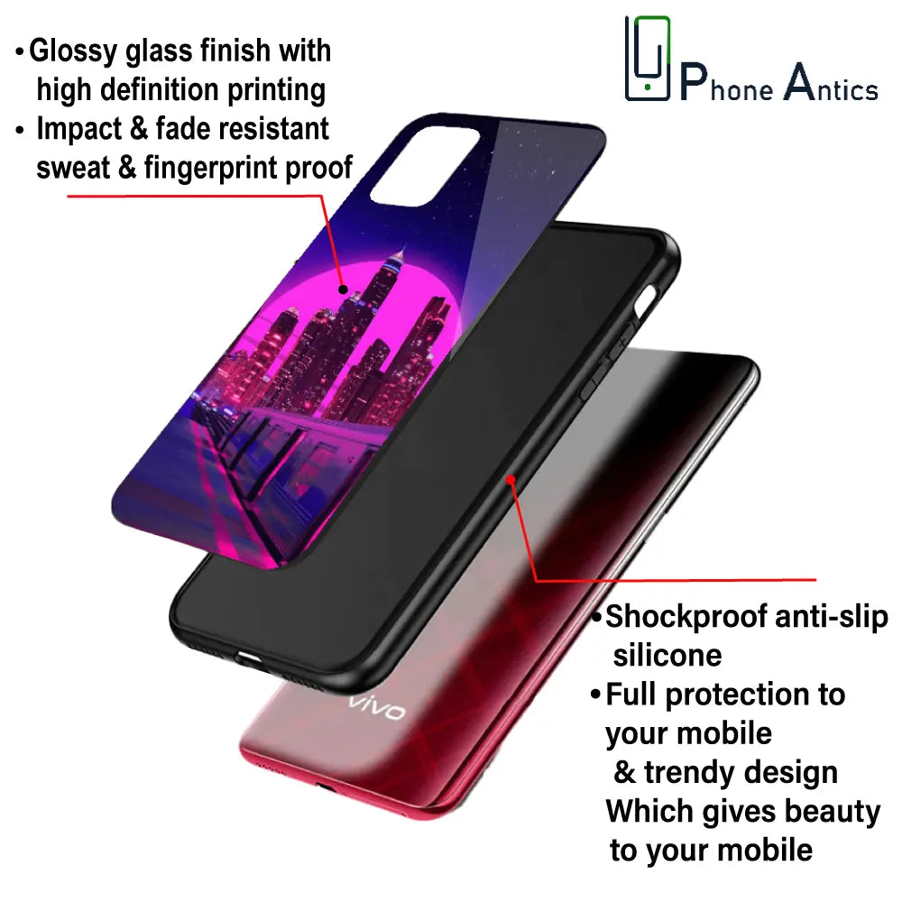 'Neon City Synthwave - Glass Case For Apple iPhone Infographic