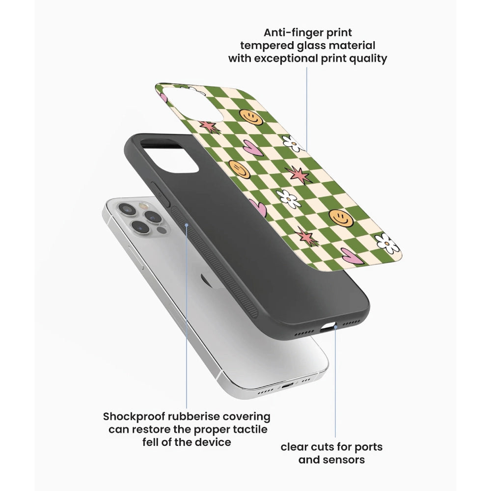 Checkerboard Smile Daisy Heart - Glass Case For Apple iPhone Infographic