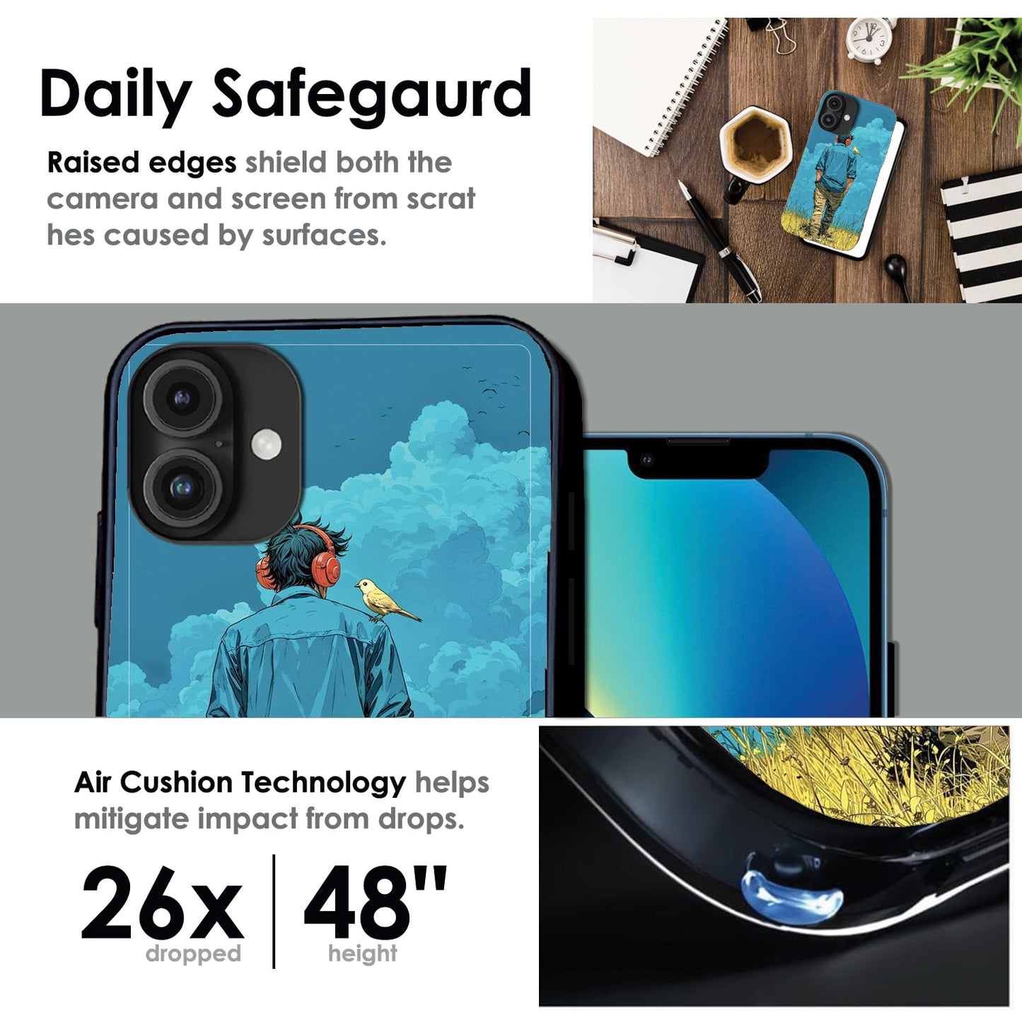 Dreamer in Blue Clouds - Glossy Metal Silicone Cases for Apple iPhone