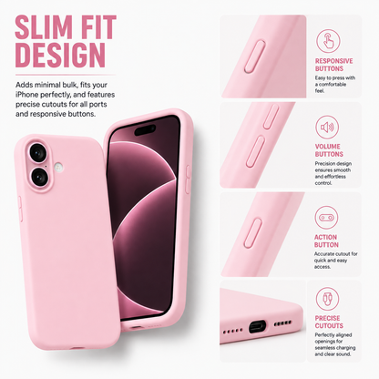 Pink protective phone case shown on an iPhone, with text callouts explaining slim fit design, responsive buttons, volume buttons, action button, and precise cutouts.