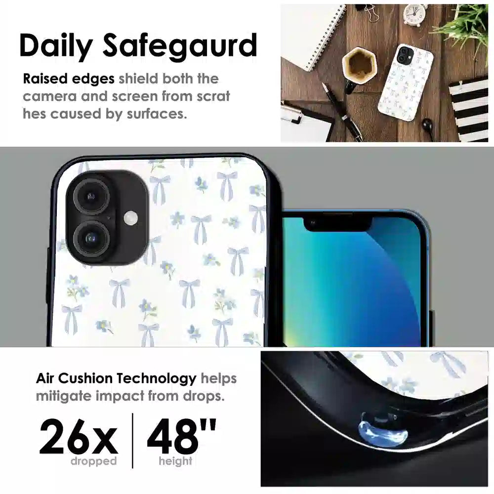 Soft Blue Bow Floral - Glossy Metal Silicone Case For Apple iPhone Infographic