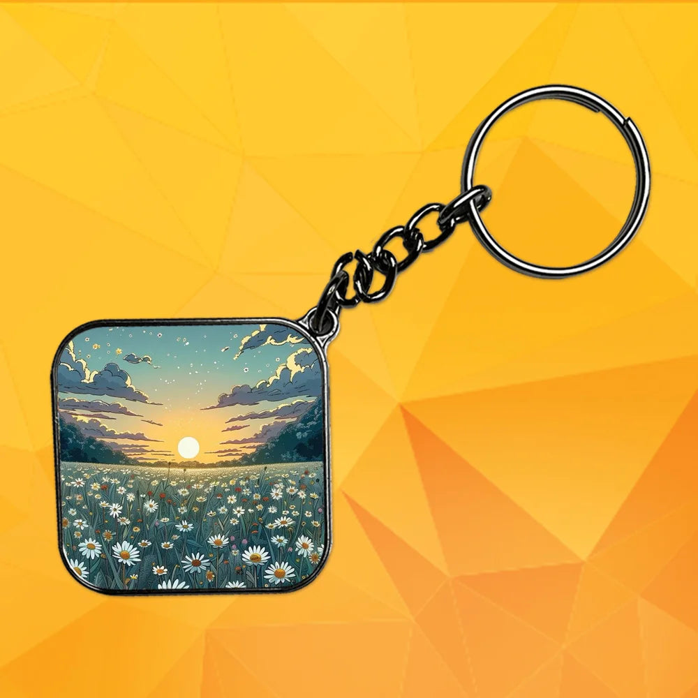 Daisy sunset - Keychain With Silver Border (Pack Of 2)