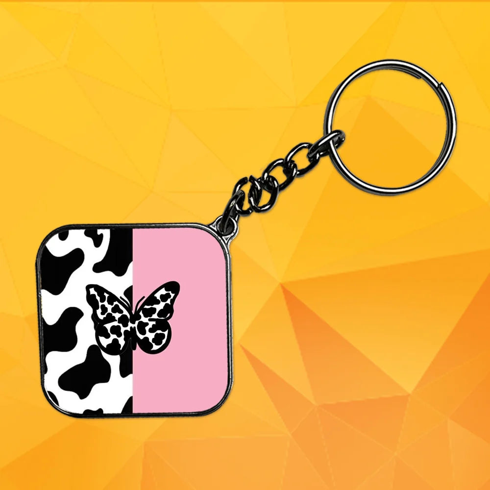 Cow Print Butterfly - Keychain With Silver Border (Pack Of 2)