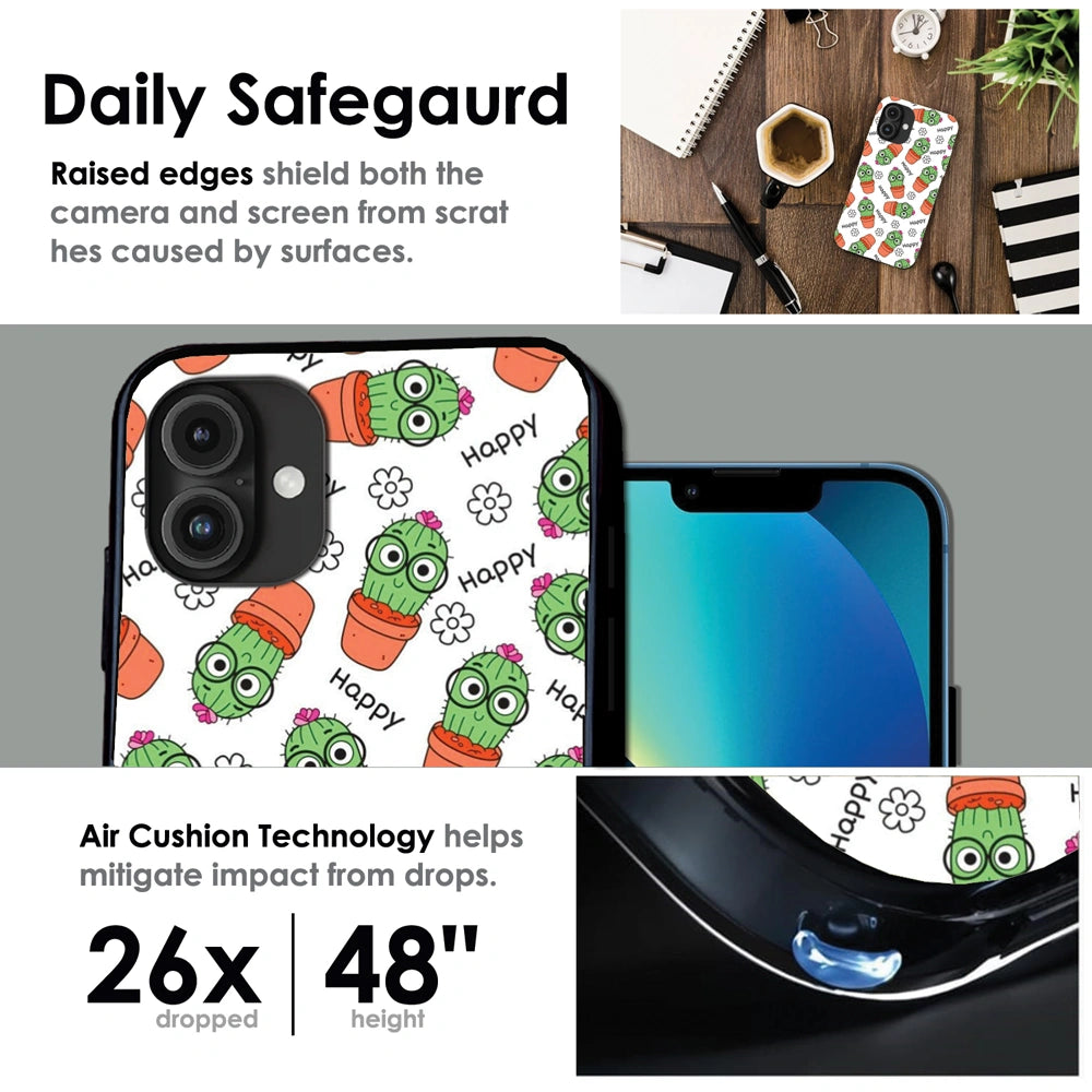Cute Cactus Happy - Glossy Metal Silicone Case For Apple iPhone Infographic