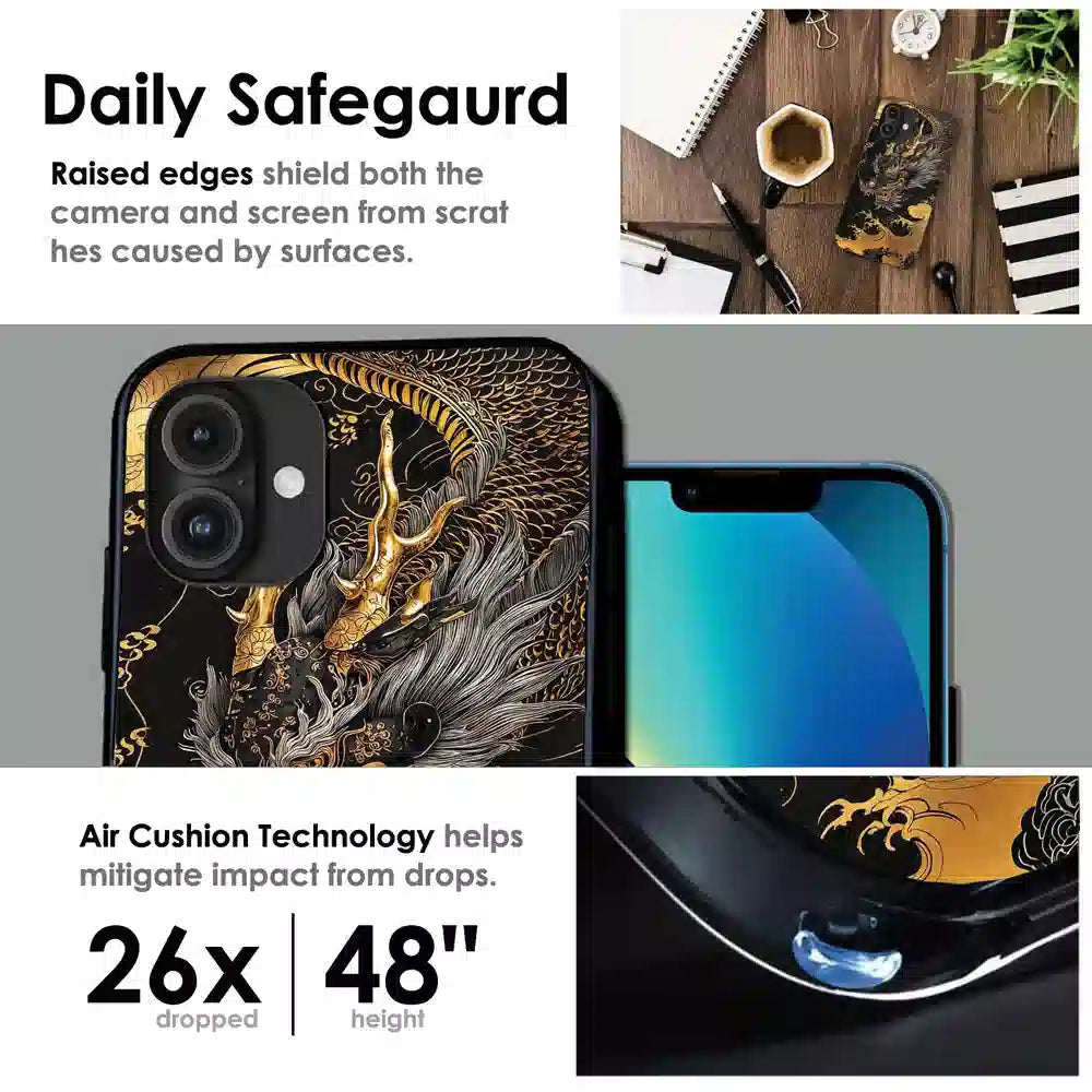 Golden Dragon Japanese Art - Glossy Metal Silicone Case For Apple iPhone Infographic